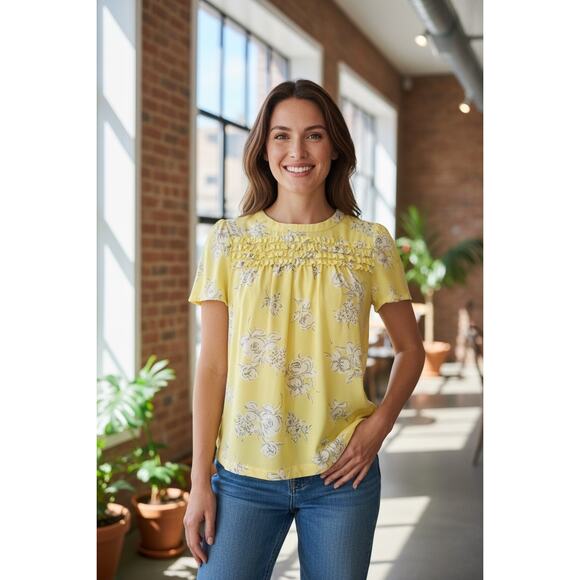 Elle Womens Yellow and Grey Floral Short Sleeve Ruffled Blouse Size XS - Picture 8 of 13